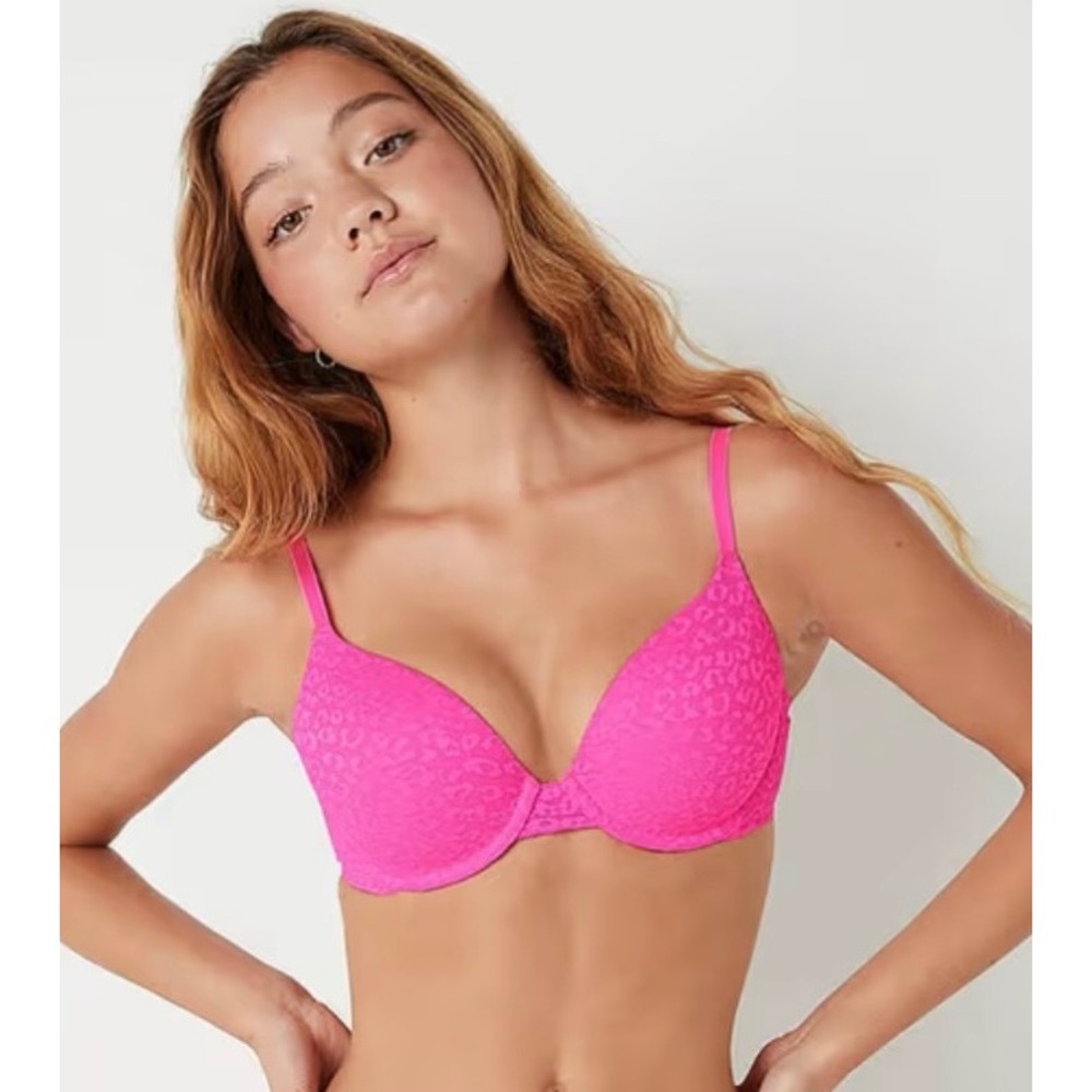 Victorias Secret PINK Neon Pink Leopard Lace Wear Everywhere Push Up Bra 36D